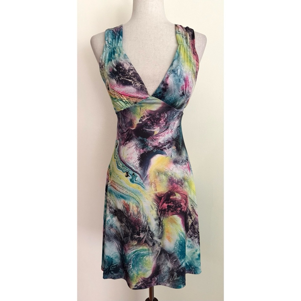 Deep V Skater Mini Dress Oil Slick Paint Strokes Day Glow Rave Stretchy Size S-M